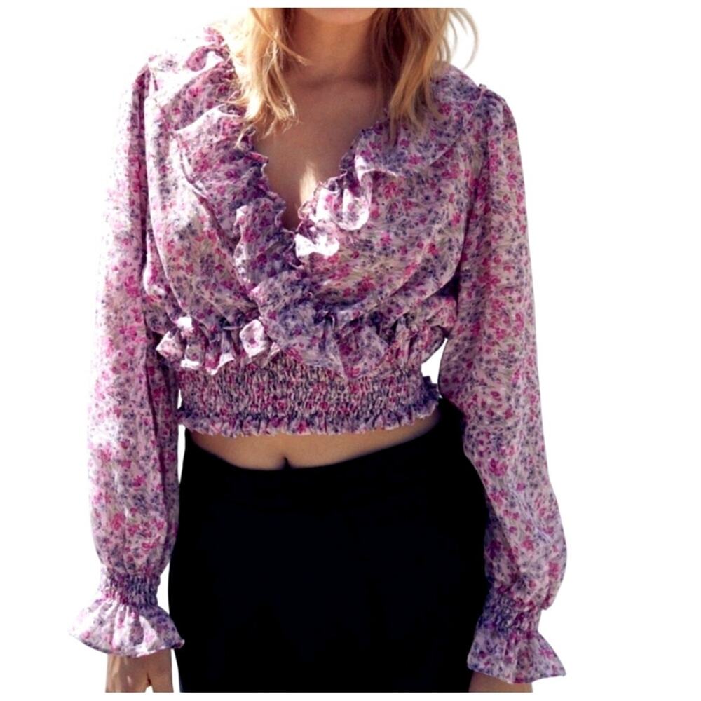 Zara Floral Cropped Top Womens Large Pink Purple Smocked Ruffled Blouse